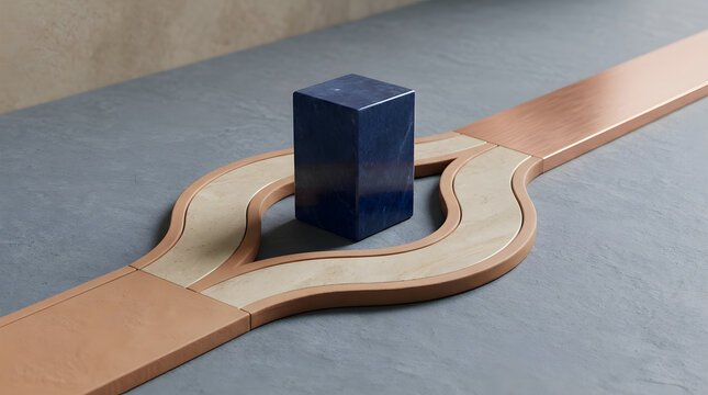 A dark blue cube sits in the center of a curved wooden frame on a grey stone surface with copper metal strips extending outwards from it