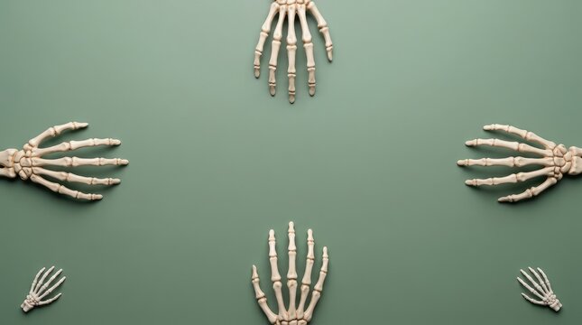 Human skeleton hands on green background