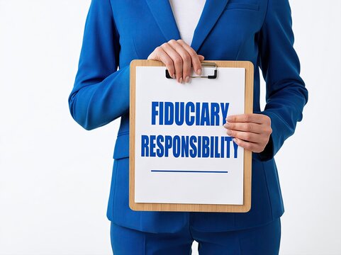 Professional woman holding a sign about legal and financial fiduciary responsibility