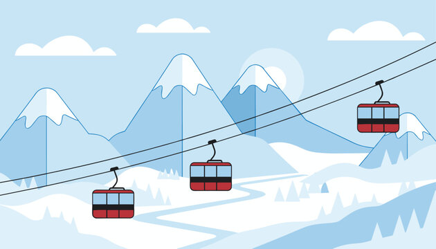 Three bright red cable cars moving up a snowy mountain slope in a beautiful ski resort during winter season.