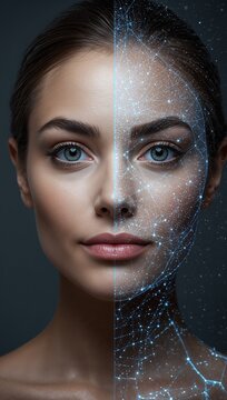 Futuristic portrait of a woman with face split between natural human appearance and a glowing blue artificial intelligence digital neural network.