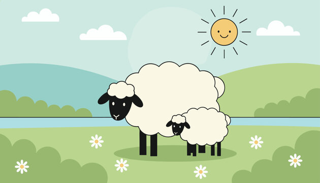 Sheep and its cute little lamb standing together on a lush green pasture under a smiling sun in the countryside.