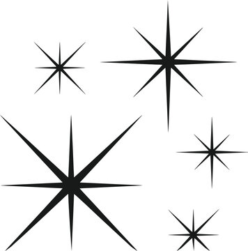 Set of black starburst sparkle and twinkle star shapes vector.