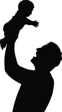 Silhouette of father holding baby boy high up in the air.