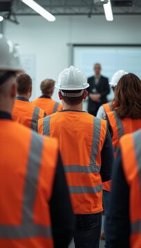 Construction workers wearing high visibility vests and a hard hat attending a workplace safety presentation.