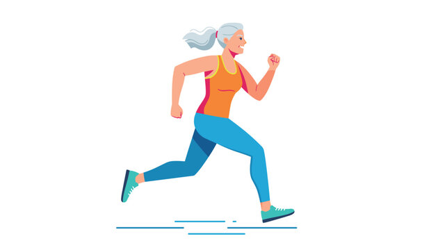 Active senior woman with grey hair jogging and keeping fit in colorful athletic wear over a white background.