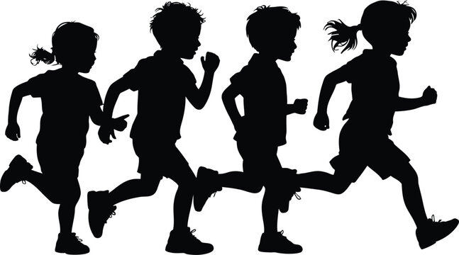 Silhouettes of running children group playing outdoors for active lifestyle concepts.