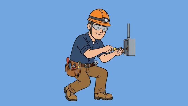 A cartoon electrician character wearing safety gear and a tool belt fixing an electrical box with a tool isolated on a light blue background. Ideal for utility service promotional videos, electrical c