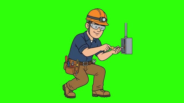 A cartoon electrician wearing a hard hat, headlamp, and tool belt using a screwdriver to fix an electrical outlet box isolated on a solid green chroma key background. Perfect for electrical service ad