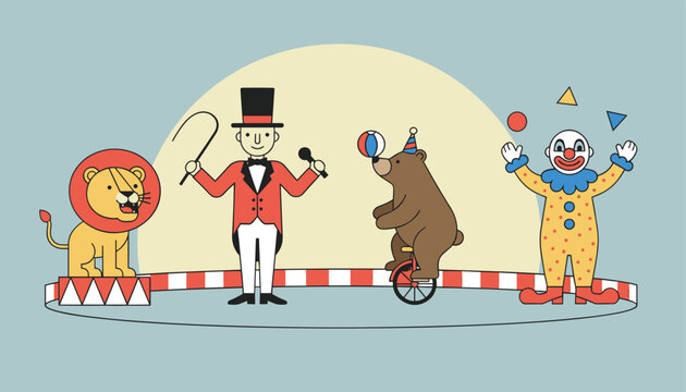 Colorful circus performance featuring a trained lion, a ringmaster with a whip, a bear on a unicycle, and a playful clown.
