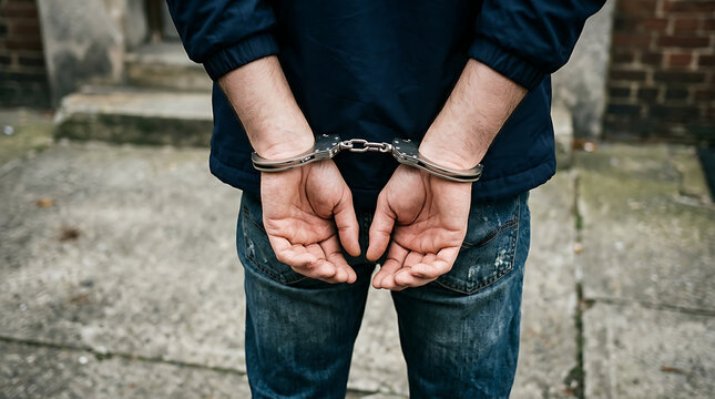 Person with handcuffs on wrists in jeans.