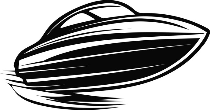 Speed boat black and white vector design isolated on transparent background for nautical and sport themes.