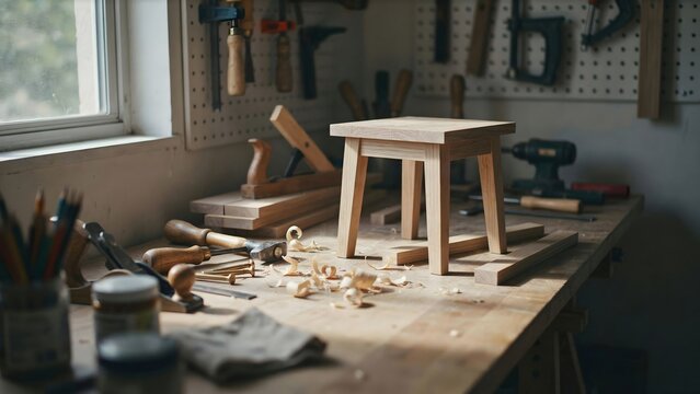 Woodworking bench with a finished stool, chisels and wood shavings &ndash; Ideal for craft blogs, tool marketing, or DIY furniture content.