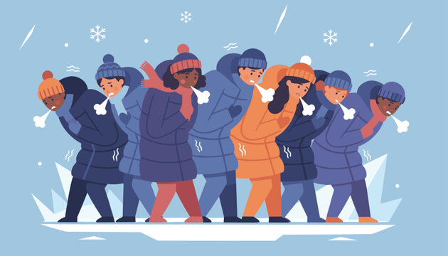 Group of freezing diverse people shivering in winter coats and blowing warm breath during cold weather season.