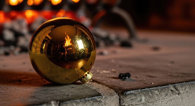 A polished golden Christmas ornament sits on a rustic stone hearth, reflecting the warm orange glow of a crackling fire on a cozy winter night, warm, firelight, ornament
