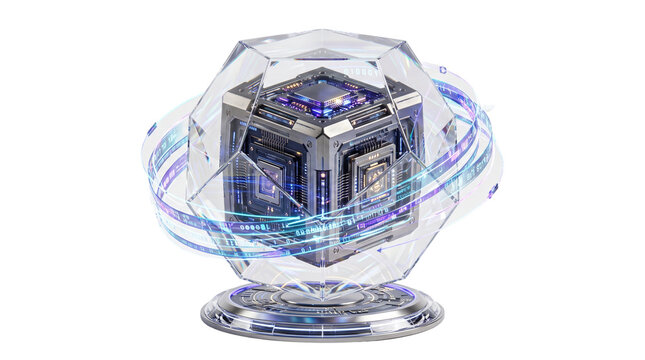 Futuristic glowing power core, high-tech energy cube in glass sphere, sci-fi data processor with blue light rings on white background
