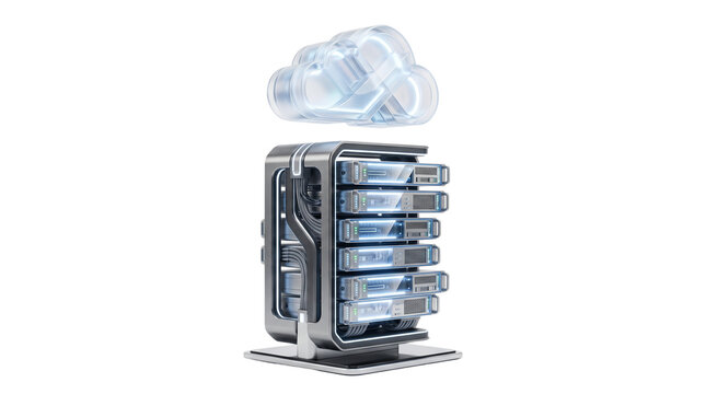 Futuristic cloud computing server rack, high-tech data storage hardware, digital network infrastructure on white background
