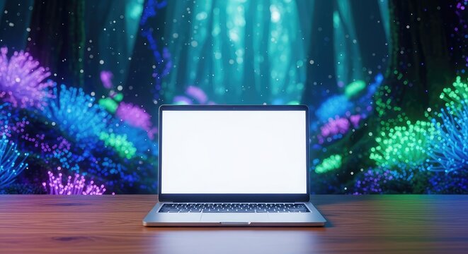 A sleek modern laptop sits open on a wooden surface within a magical glowing forest filled with ethereal lights and floating fairy dust, display, scenery, conceptual