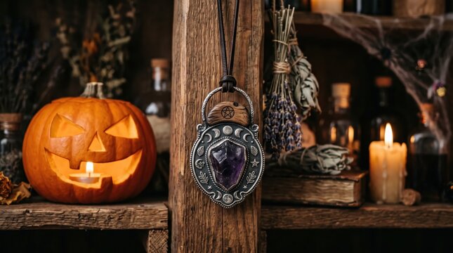 Witch amulet with purple crystal and moon symbols for Halloween