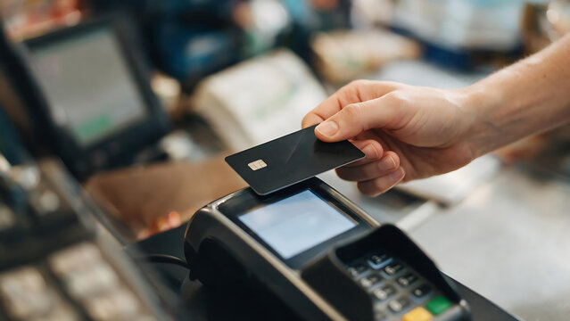 A close-up image of a customer making a contactless credit card payment at a point-of-sale terminal.
