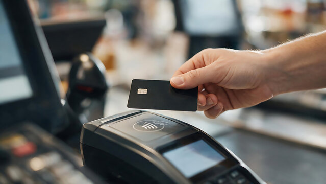 A close-up image of a customer making a contactless payment with a black credit card at a point-of-sale terminal.