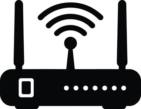 Wireless router icon with signal waves for network connectivity and technology.