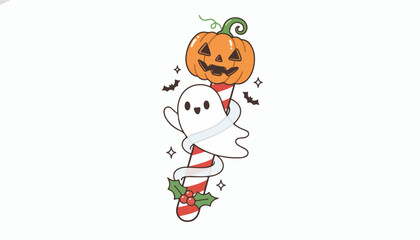 Fototapeta premium Cute cartoon ghost holding a jack o lantern pumpkin on a candy cane.