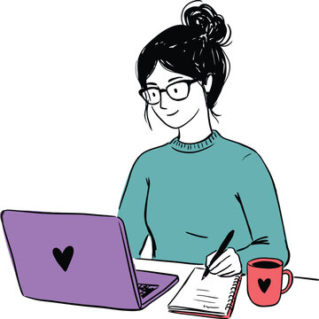 Woman working on laptop computer while taking notes for remote work and digital nomad lifestyle illustrations.