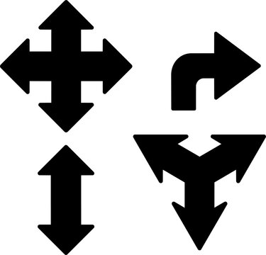 Set of black directional arrows pointing four ways and corners isolated