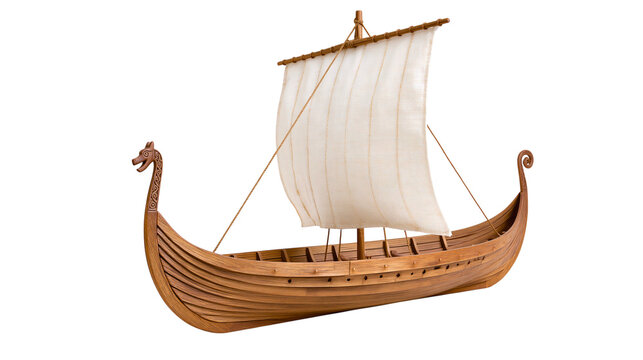 Wooden Viking Ship Model With White Sail