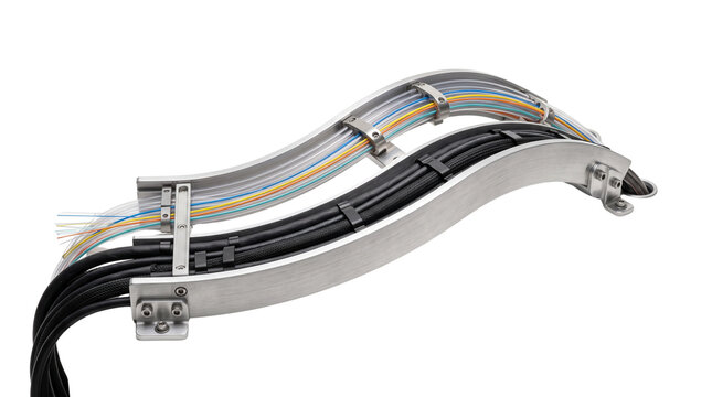 Industrial cable management system with metal trays, organized electrical wiring on white background, power cable routing
