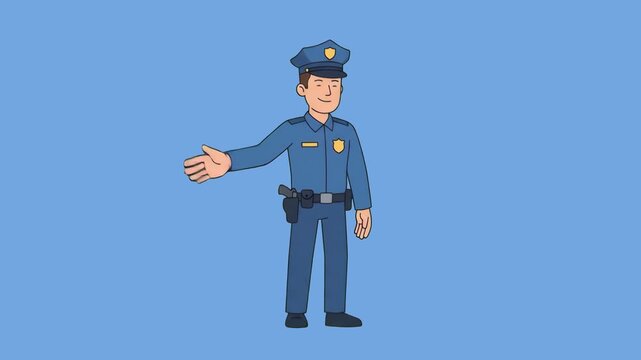 A cartoon police officer in uniform standing and gesturing or pointing to the side isolated on a light blue background. Perfect for law enforcement promos, public safety announcements, security educat
