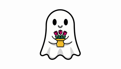 Obraz premium Cute ghost holding a small pot of red tulips.