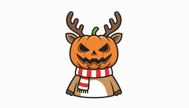 Cute Reindeer With A Scary Halloween Pumpkin Head.