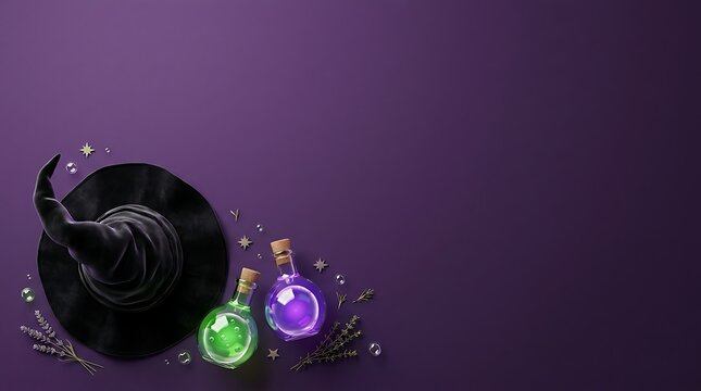 A black witch hat with glowing magic potion bottles on a dark purple background for halloween