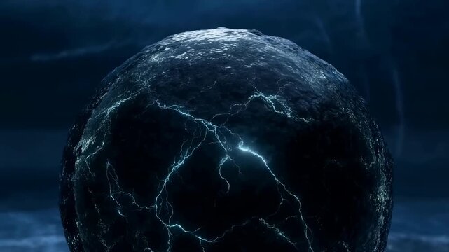 Glowing cracked dark sphere rests in moody blue environment while bright lightning-like lines spread across surface, creating dramatic abstract texture with deep shadows and reflective details