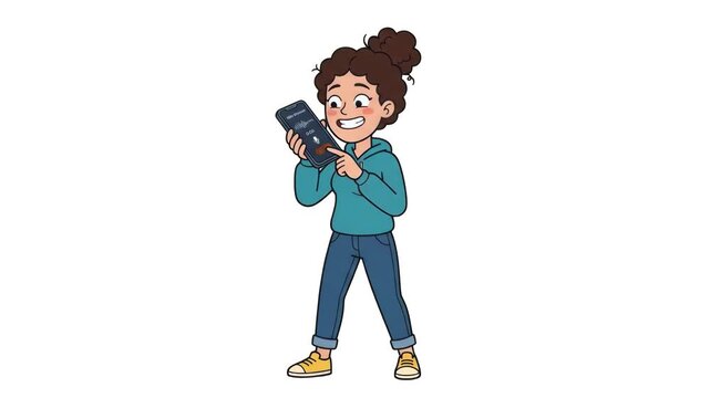 A cheerful 2D cartoon young woman in a teal hoodie holding her smartphone close to her mouth to record a voice message, isolated on a clean white background. Perfect for messaging app marketing, mobil