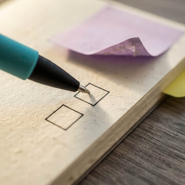 Pen tips near checkbox on light wooden surface. Purple sticky note rests softly beside. Yellow sticky note adds subtle contrast. Simple, clean design evokes planning or decision-making