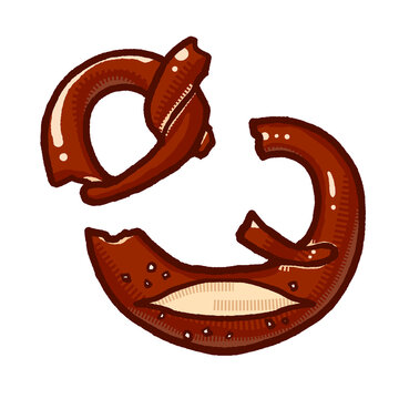 Pretzel with a Piece Broken Off Hand Drawn Illustration