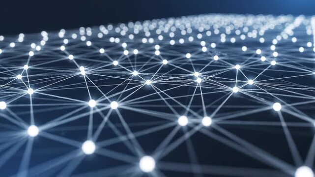 Abstract network growth with glowing nodes in a dark digital landscape during a seamless cinematic camera sweep
