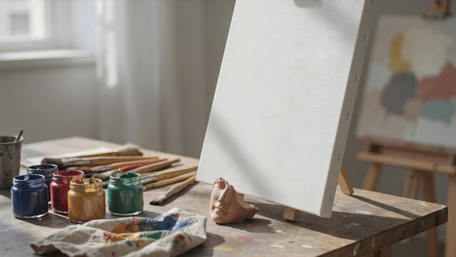 Blank canvas on an easel beside paint jars and brushes in a studio &ndash; Perfect for creative workshops, art supply branding, or inspiration campaigns.