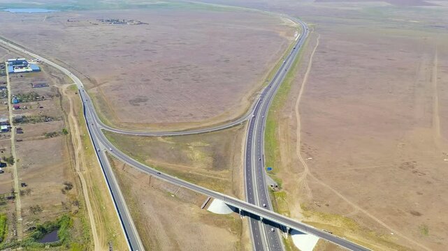 Crimea, Primorsky. New highway Tavrida. Car interchange. Drone footage