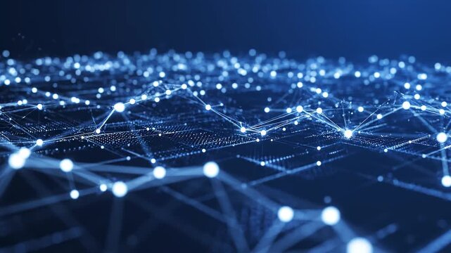 Abstract network growing with glowing nodes and lines during digital data flow against dark blue background