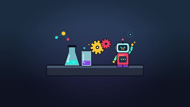 Animated illustration of a robot with chemistry flasks and spinning gears