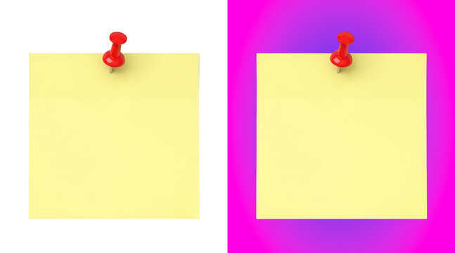 A single square yellow sticky note paper attached to a surface with a bright red plastic push pin, isolated on a white background, office