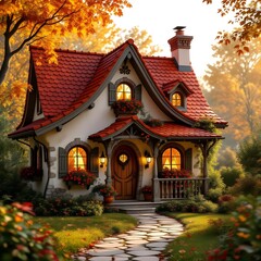 Obraz premium A whimsical fairy tale cottage, surrounded by a lush autumn garden and a meandering stone path leading to the entrance.
