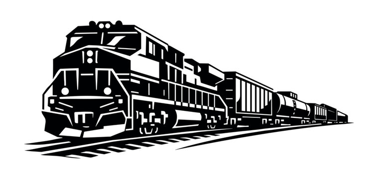 Modern diesel locomotive pulling freight train cars on railway tracks