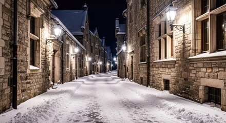 Fototapeta premium Thick white snow covers a narrow cobblestone street lined with historic stone buildings and glowing lanterns during a silent winter night, glow, roof, vintage