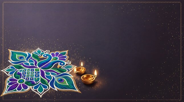 Beautiful glowing oil lamps placed next to a colorful traditional rangoli pattern for the celebration of diwali festival