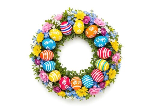 Top view of a circular spring floral wreath adorned with colorful painted easter eggs and fresh blossoms, isolated on a white background, celebration, colorful, fresh